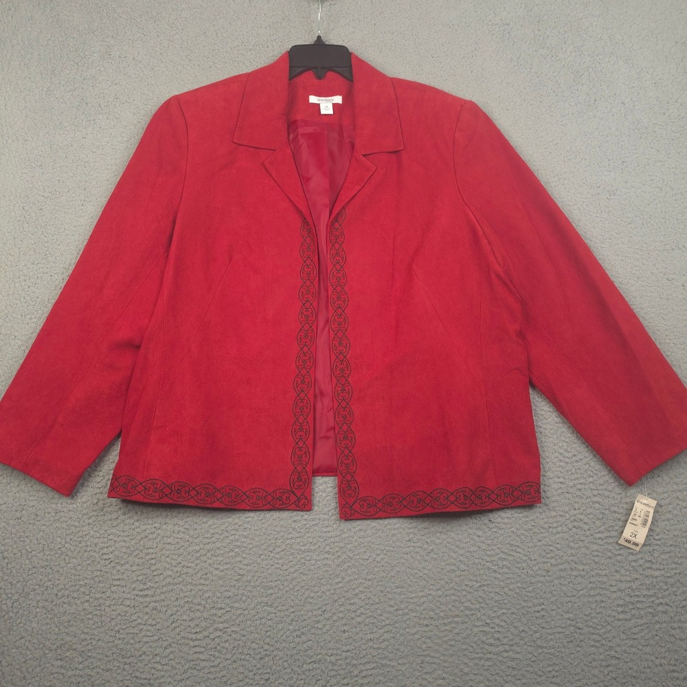 Dressbarn Womens Open Front Blazer Jacket 2X Red‎ Faux Suede Embroidered NWT